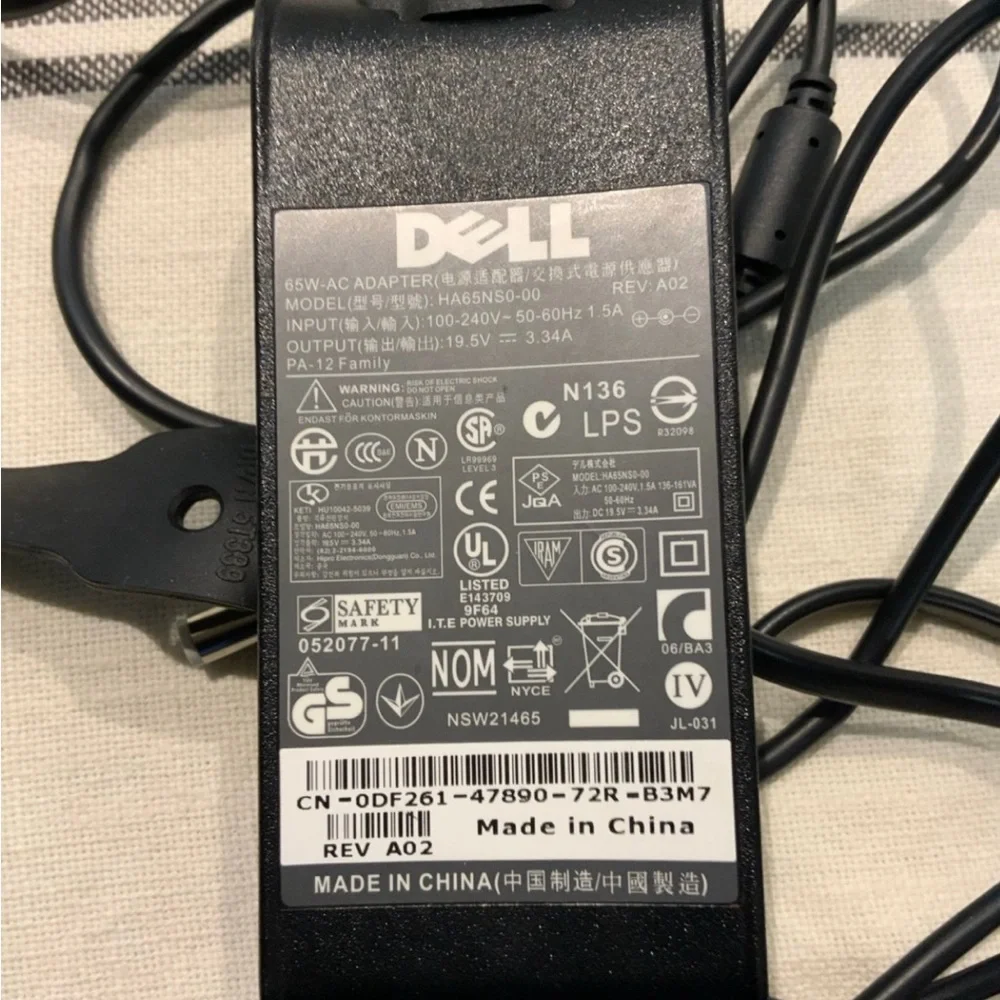 Dell 65W AC Adapter Charger for Dell Laptop Power Cord